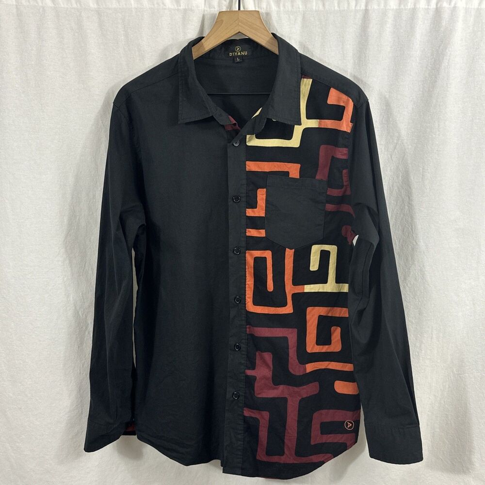 Diyanu Mens Tribal African Art Print Black Button Up Long Sleeve Shirt Size L